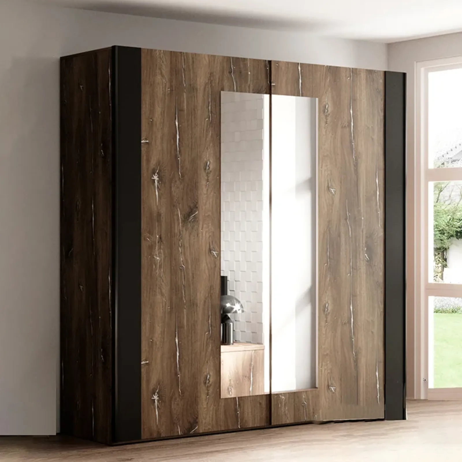 Garnero Arredamenti Armadio Ante A Specchio|Armadio Ante Scorrevoli-Armadio 200x213h cm 2 ante scorrevoli rovere scuro nero Vulcano Rovere Rustico