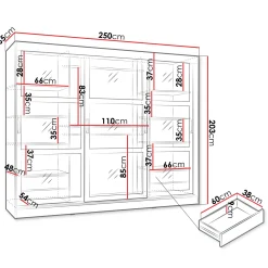 Garnero Arredamenti Armadio Ante Scorrevoli|Guardaroba-Armadio 250x203h cm 3 ante scorrevoli vetrate 4 cassetti con illuminazione a LED Nivora Bianco Opaco
