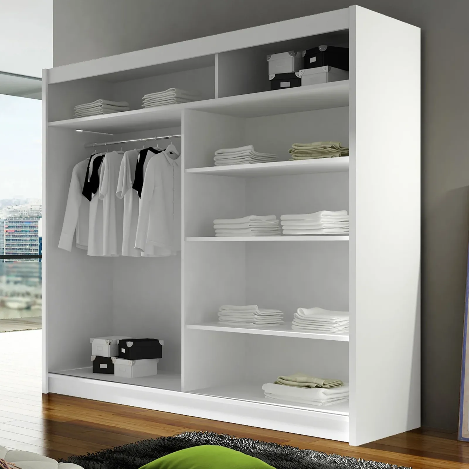 Garnero Arredamenti Armadio Ante Scorrevoli-Armadio 180x215h cm 2 ante scorrevoli con specchio laterale bianco opaco Karl