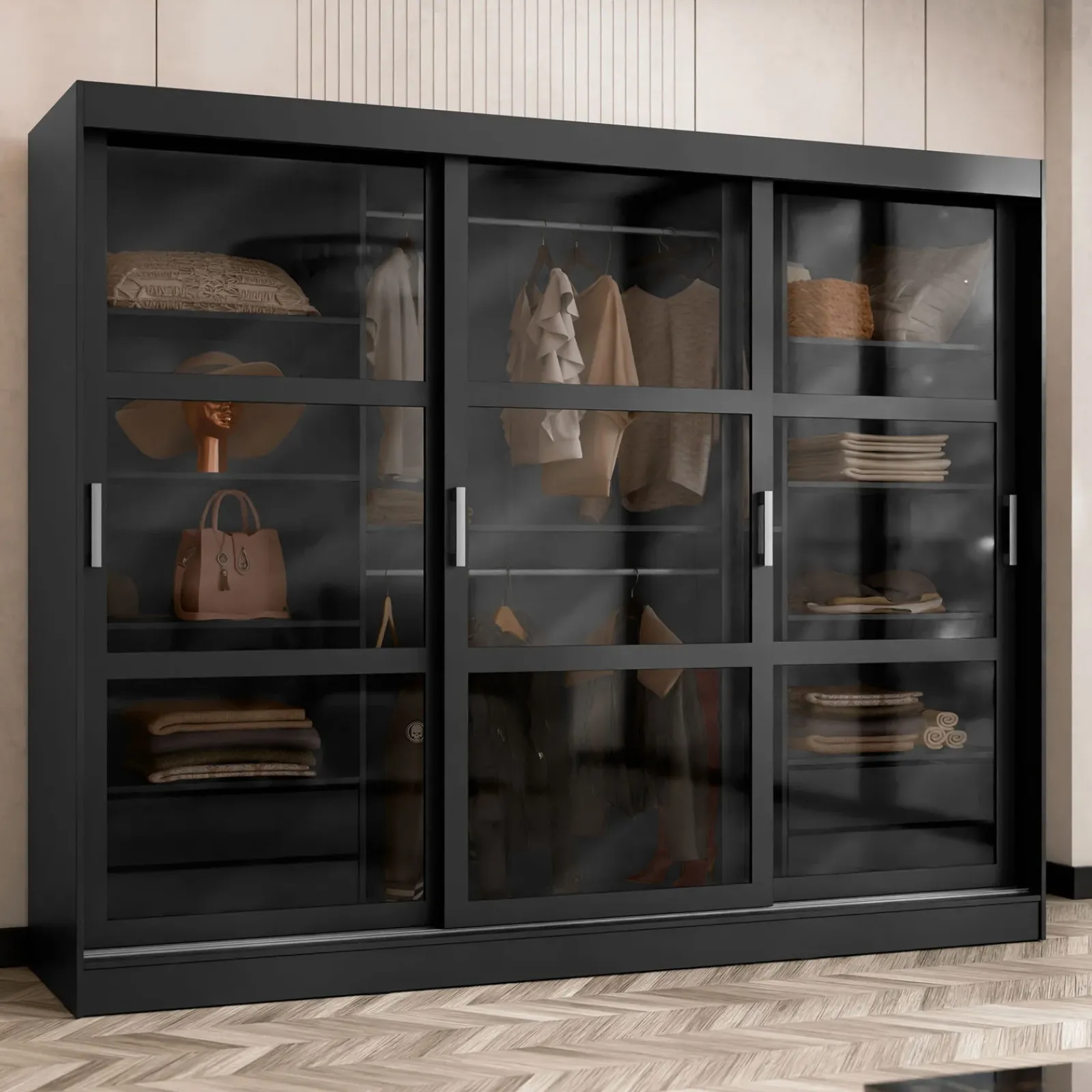 Garnero Arredamenti Armadio Ante Scorrevoli|Guardaroba-Armadio 250x203h cm 3 ante scorrevoli vetrate 4 cassetti Nivora Nero Opaco