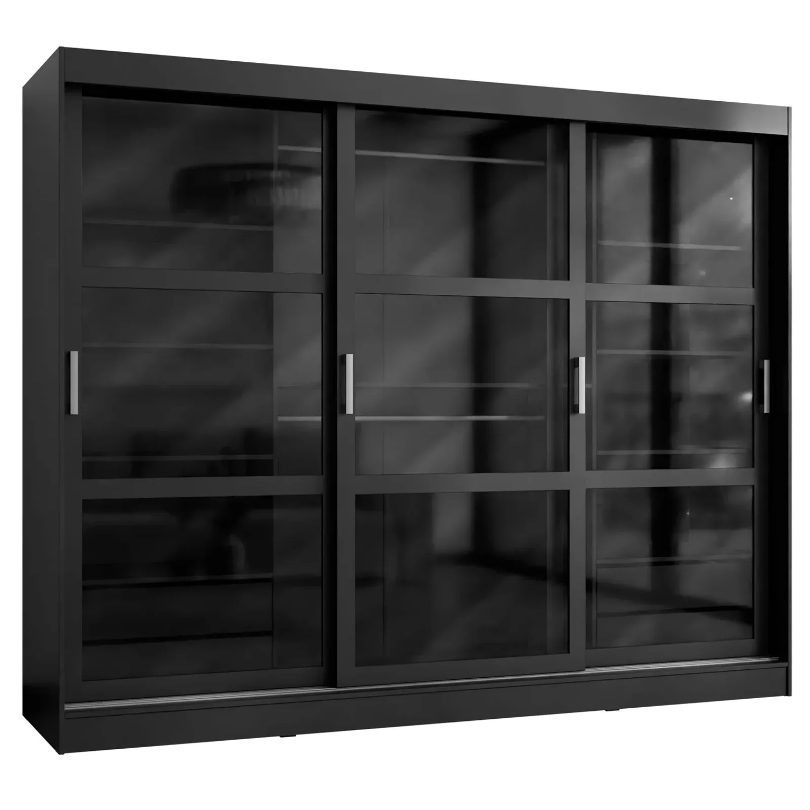 Garnero Arredamenti Armadio Ante Scorrevoli|Guardaroba-Armadio 250x203h cm 3 ante scorrevoli vetrate 4 cassetti Nivora Nero Opaco