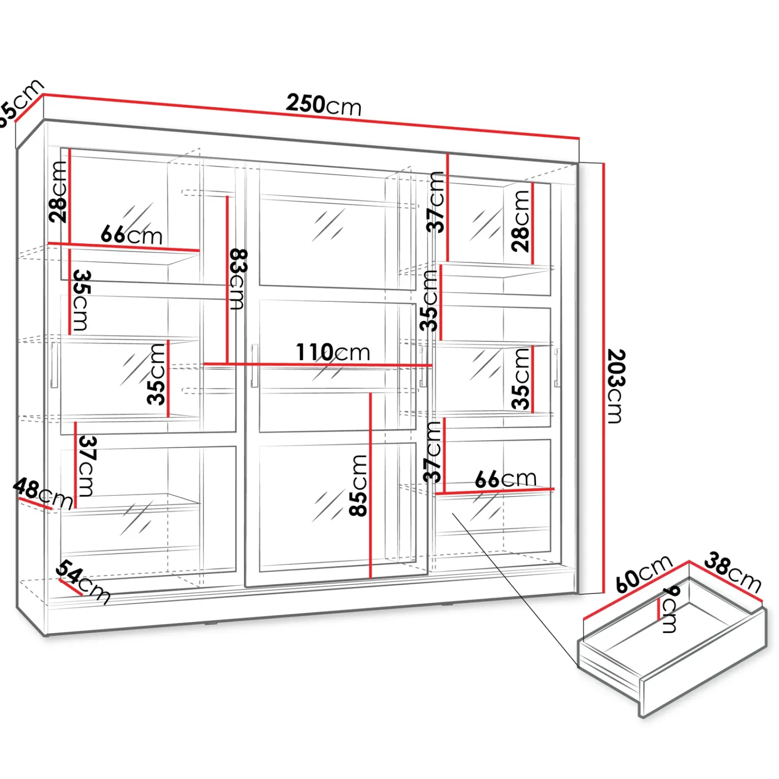 Garnero Arredamenti Armadio Ante Scorrevoli|Guardaroba-Armadio 250x203h cm 3 ante scorrevoli vetrate 4 cassetti Nivora Nero Opaco
