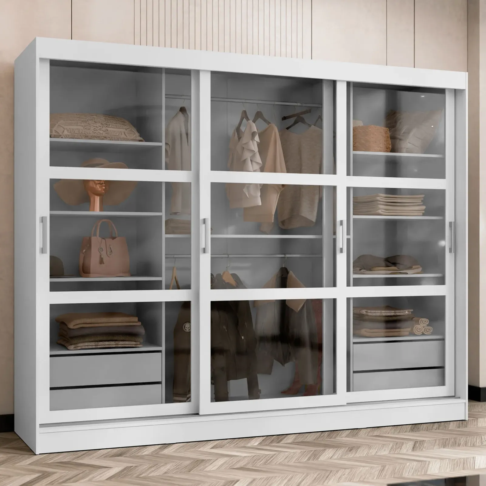 Garnero Arredamenti Armadio Ante Scorrevoli|Guardaroba-Armadio 250x203h cm 3 ante scorrevoli vetrate 4 cassetti Nivora Bianco Opaco