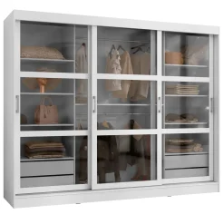 Garnero Arredamenti Armadio Ante Scorrevoli|Guardaroba-Armadio 250x203h cm 3 ante scorrevoli vetrate 4 cassetti Nivora Bianco Opaco