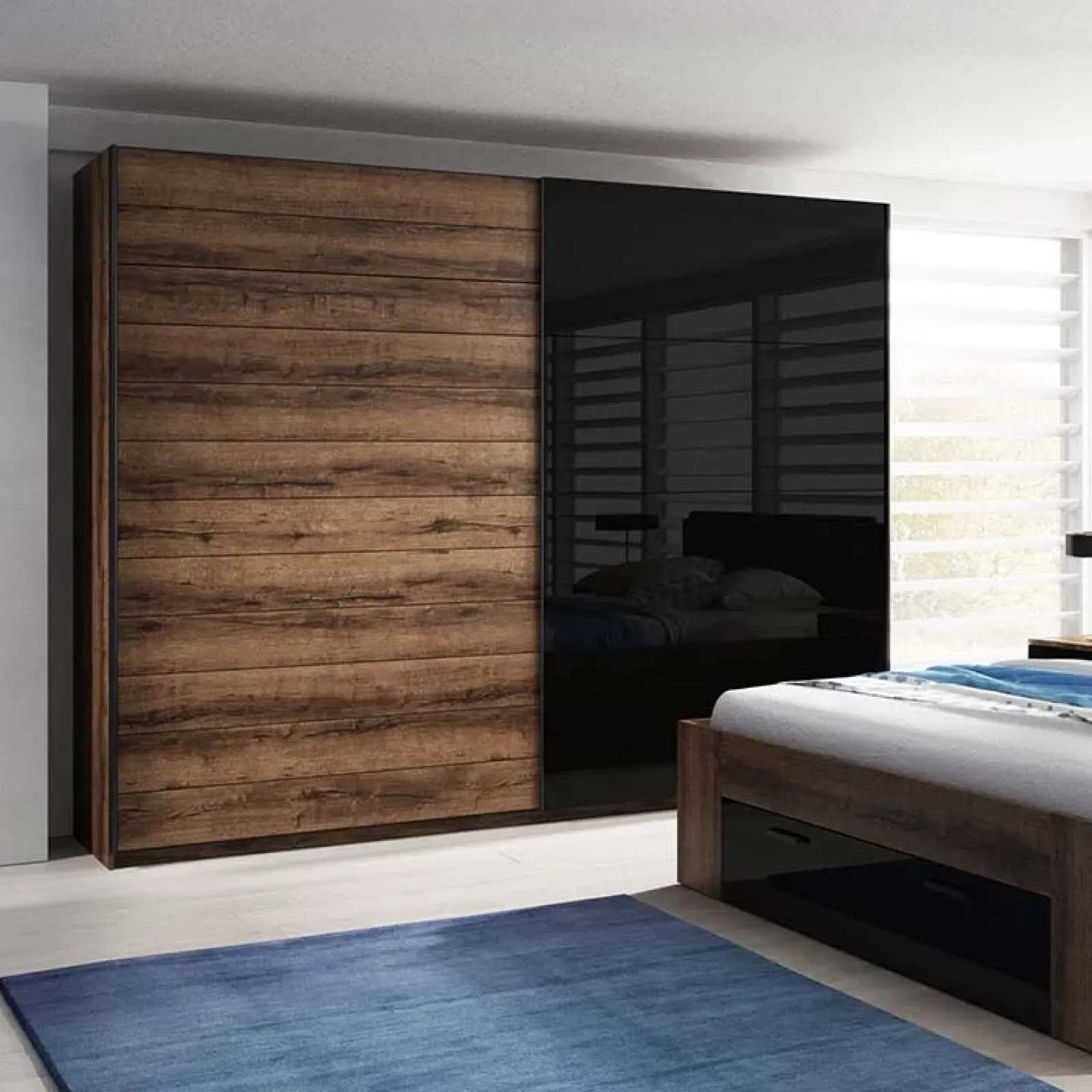 Garnero Arredamenti Armadio Ante Scorrevoli|Guardaroba-Armadio 220x210h cm 2 ante scorrevoli rovere nero lucido Cortina Gihome® Nero Lucido - Wengè