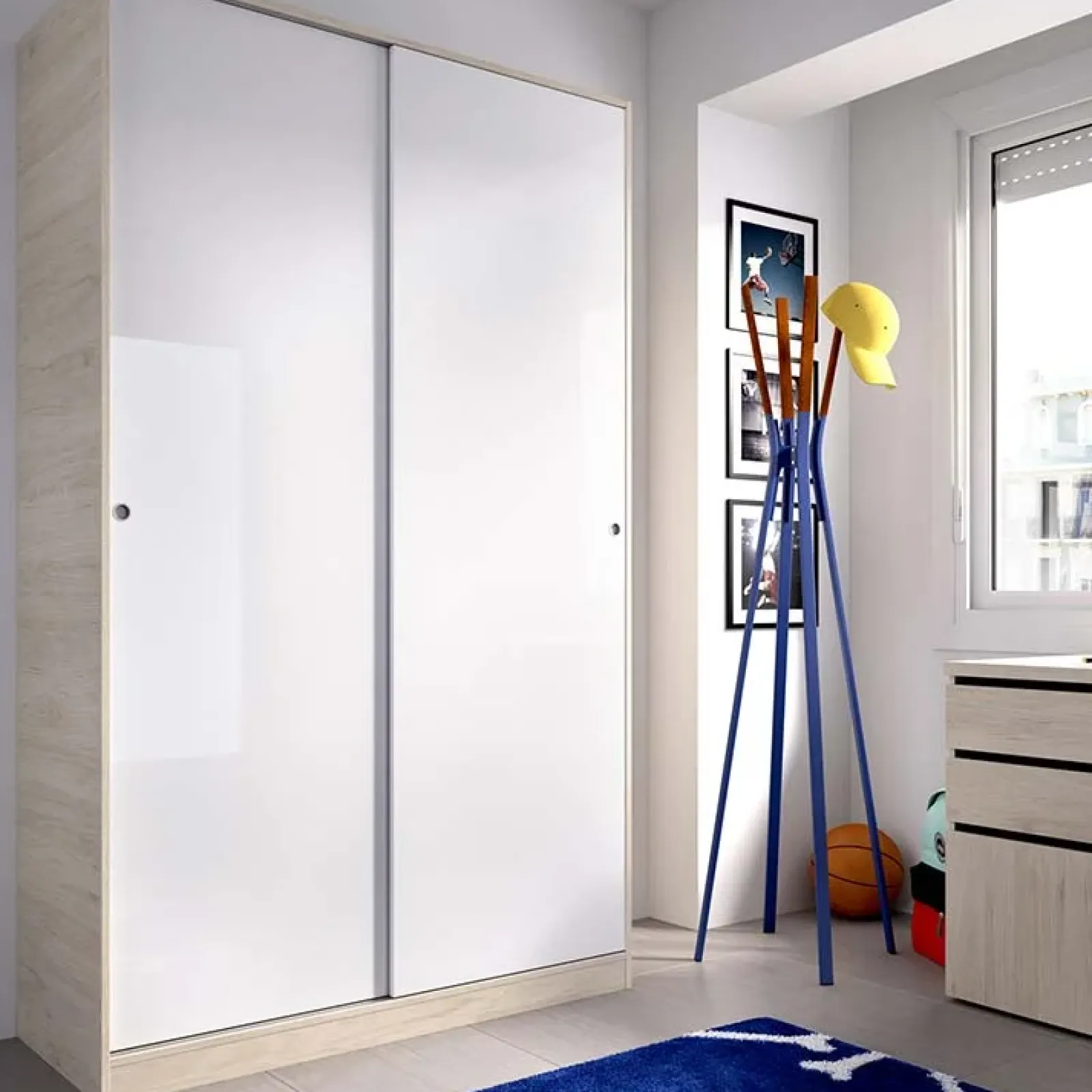 Garnero Arredamenti Armadio Ante Scorrevoli|Guardaroba-Armadio 120x204h cm 2 ante scorrevoli rovere bianco lucido Royal Bianco Lucido - Rovere