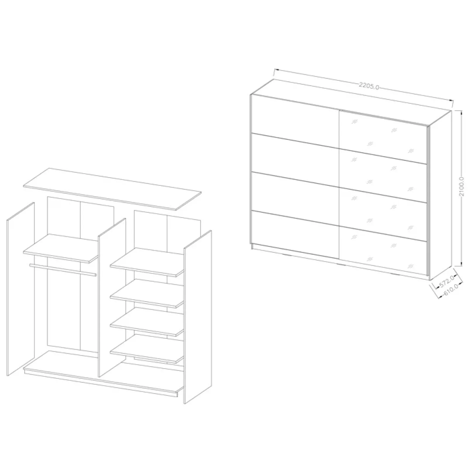 Garnero Arredamenti Armadio Ante A Specchio|Armadio Ante Scorrevoli-Armadio 221x210h cm 2 ante scorrevoli con specchio bianco Pascal Gihome® Bianco Opaco