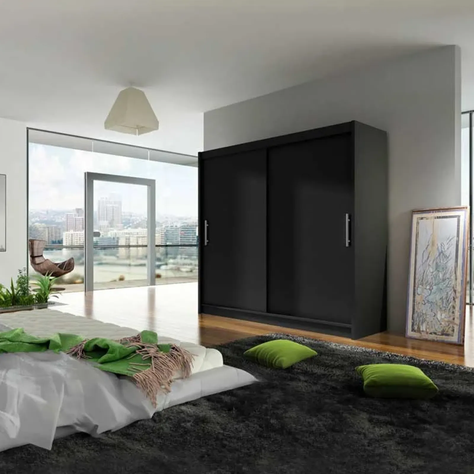 Garnero Arredamenti Armadio Ante Scorrevoli|Guardaroba-Armadio 180x215h cm 2 ante scorrevoli design moderno nero Aisha Nero Opaco