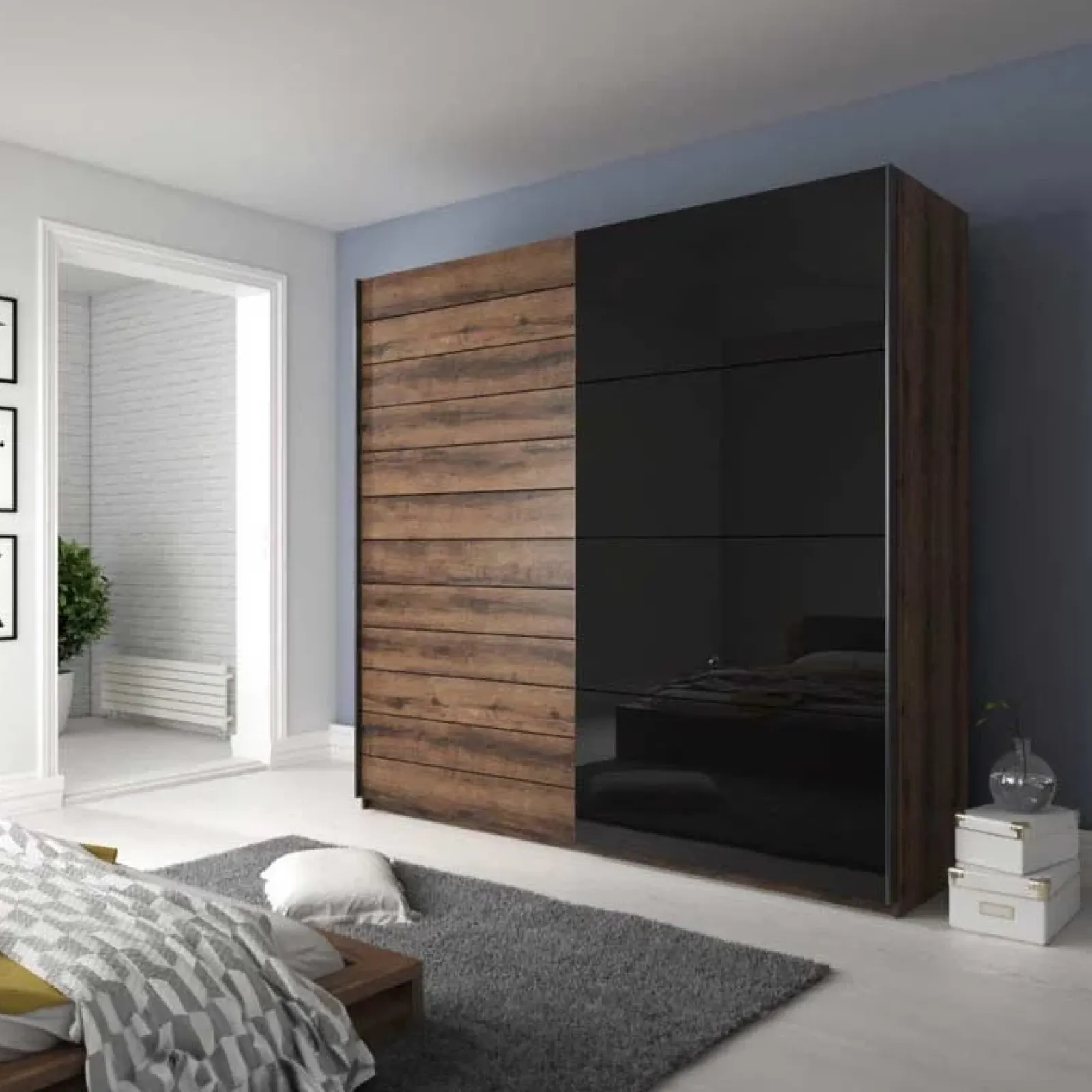 Garnero Arredamenti Armadio Ante Scorrevoli|Guardaroba-Armadio 270x210h cm 2 ante scorrevoli rovere nero lucido Cortina Gihome® Nero Lucido - Wengè