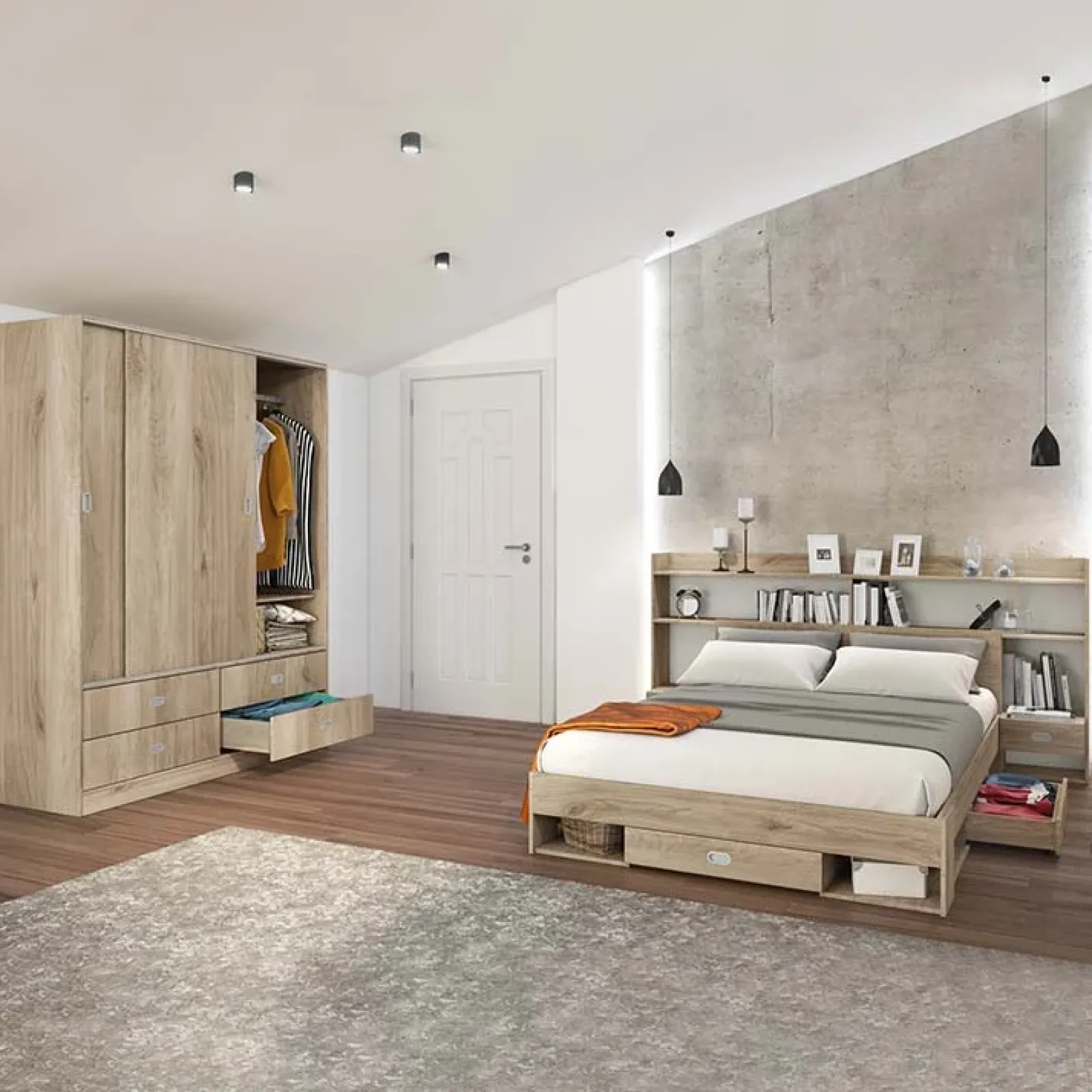 Garnero Arredamenti Armadio Ante Scorrevoli|Guardaroba-Armadio 150x201h cm 2 ante scorrevoli 4 cassetti rovere sonoma Danubio