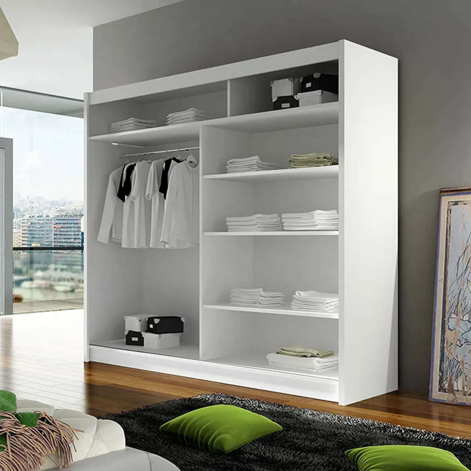 Garnero Arredamenti Armadio Ante Scorrevoli|Guardaroba-Armadio 180x215h cm 2 ante scorrevoli bianco opaco Karl