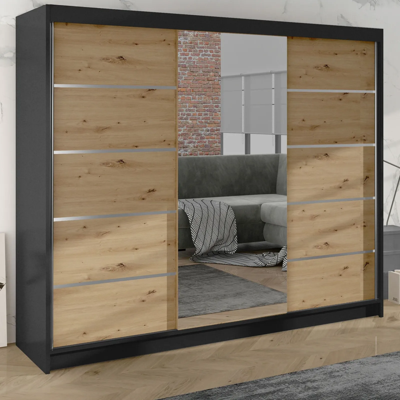 Garnero Arredamenti Armadio Ante Scorrevoli-Armadio 200x215h cm 2 ante scorrevoli con specchio rovere nero opaco Silven Rovere - Nero opaco