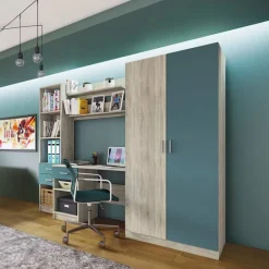 Garnero Arredamenti Armadio Cameretta-Armadio 220x180h cm cameretta con scrivania e libreria rovere blu petrolio Alex Gihome® Blu Petrolio - Rovere
