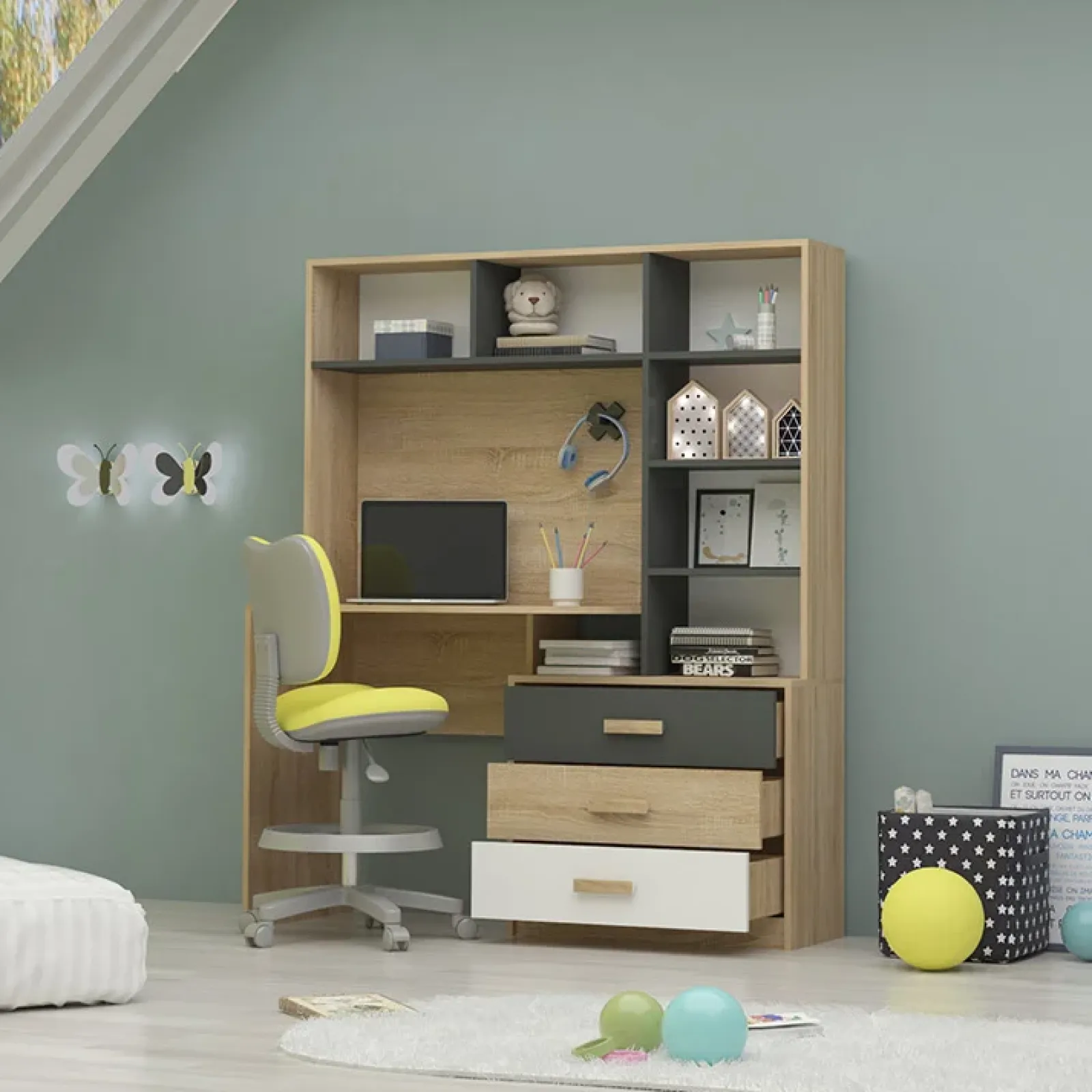 Garnero Arredamenti Scrivanie Per Ragazzi|Armadio Cameretta-Armadio 210x190h cm con scrivania rovere antracite bianco Chiaretto