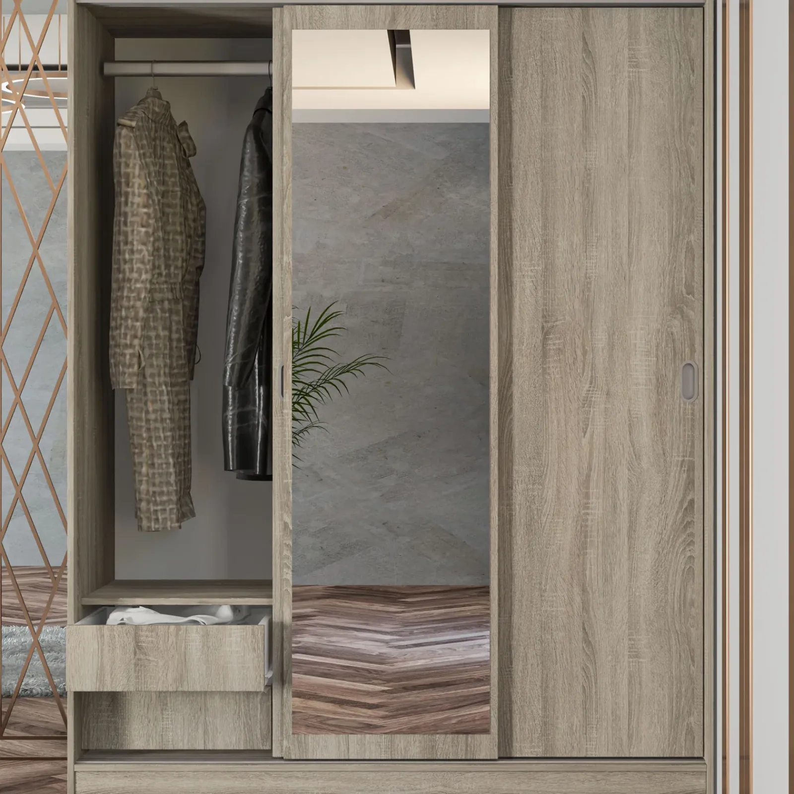 Garnero Arredamenti Armadio Ante A Specchio|Armadio Ante Scorrevoli-Armadio 150x191h cm scorrevole con specchio sonoma Collodi Rovere