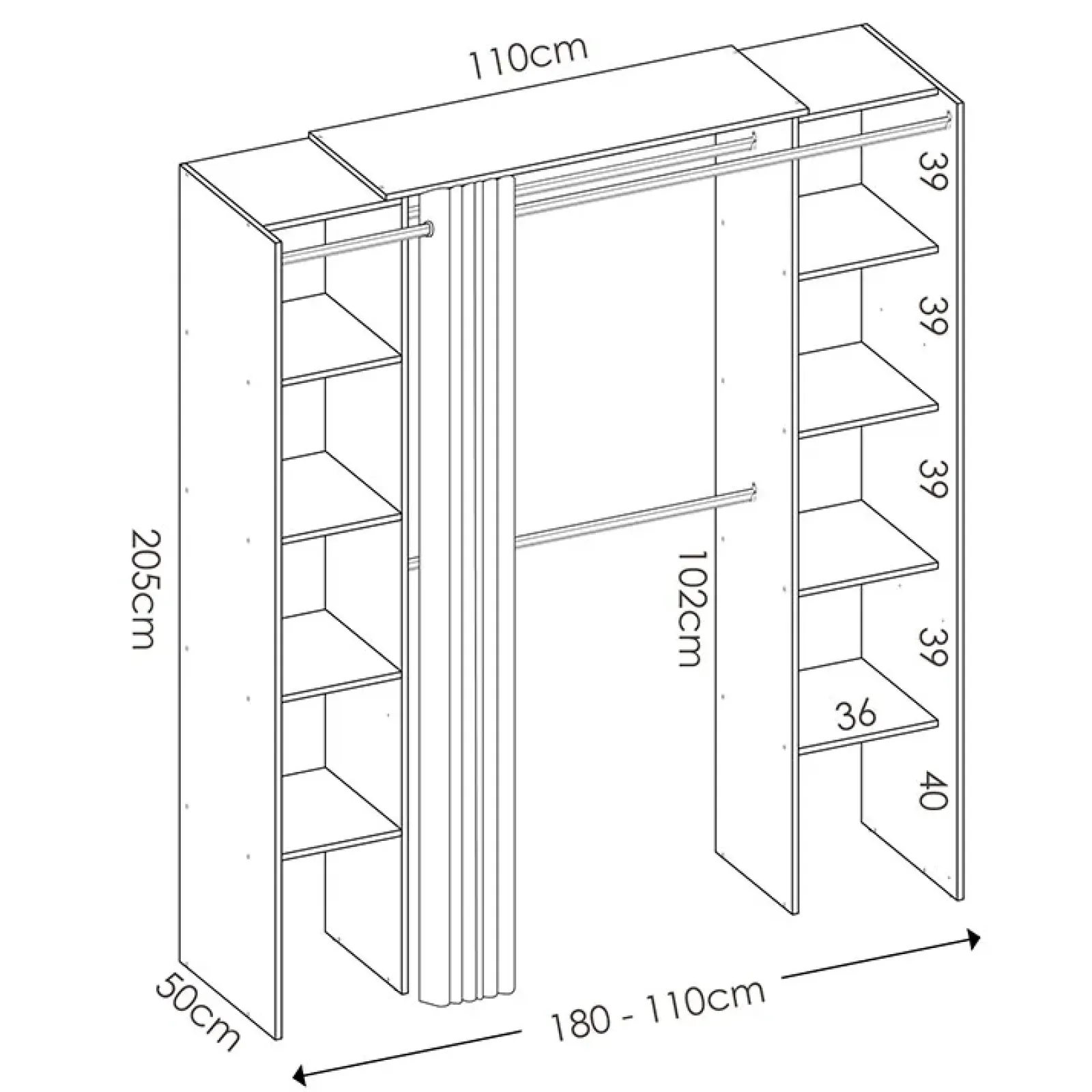 Garnero Arredamenti Cabine Armadio-Cabina armadio 180x205h cm allungabile moderno aperto con tenda bianco Simpli Bianco Opaco