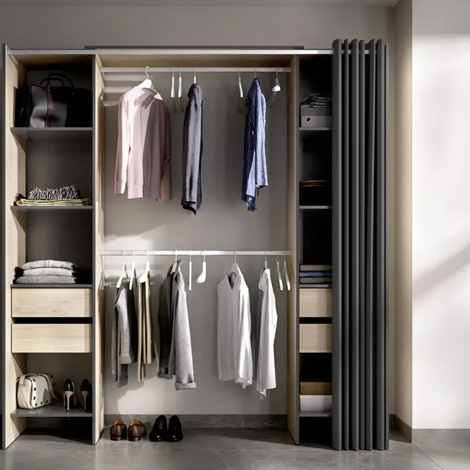 Garnero Arredamenti Cabine Armadio-Cabina armadio 179x205h cm con cassetti moderno aperto rovere e grafite Loder