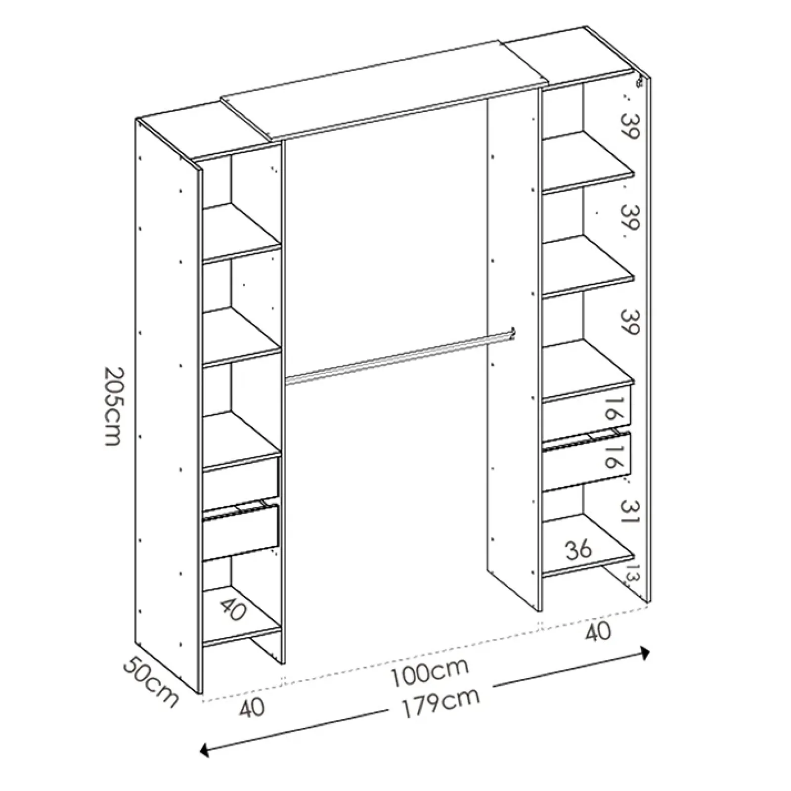 Garnero Arredamenti Cabine Armadio-Cabina armadio 179x205h cm con cassetti moderno aperto rovere e grafite Loder