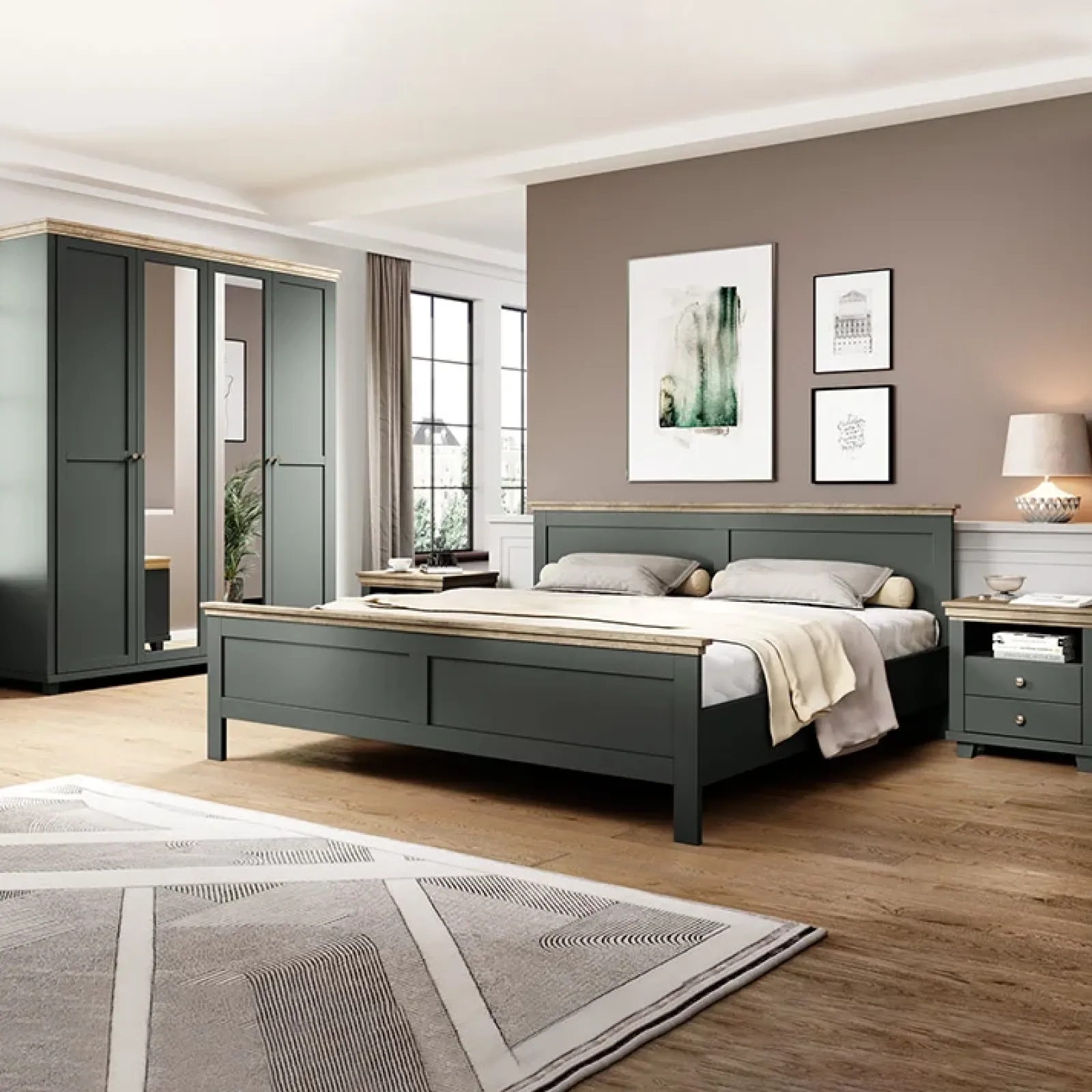 Garnero Arredamenti Camere Da Letto Complete|Camera Da Letto Completa-Camera completa matrimoniale moderna verde quercia con specchio Texel