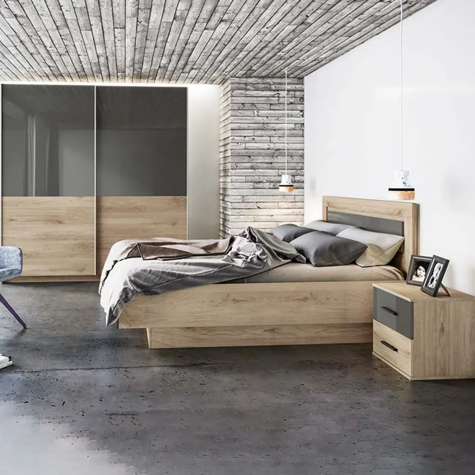 Garnero Arredamenti Camere Da Letto Complete|Camera Da Letto Completa-Camera da letto completa matrimoniale rovere antracite lucido Senna