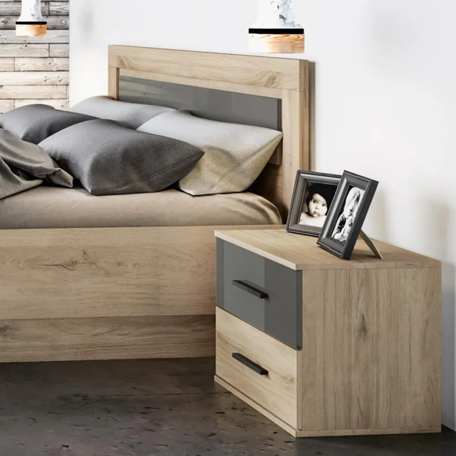 Garnero Arredamenti Camere Da Letto Complete|Camera Da Letto Completa-Camera da letto completa matrimoniale rovere antracite lucido Senna