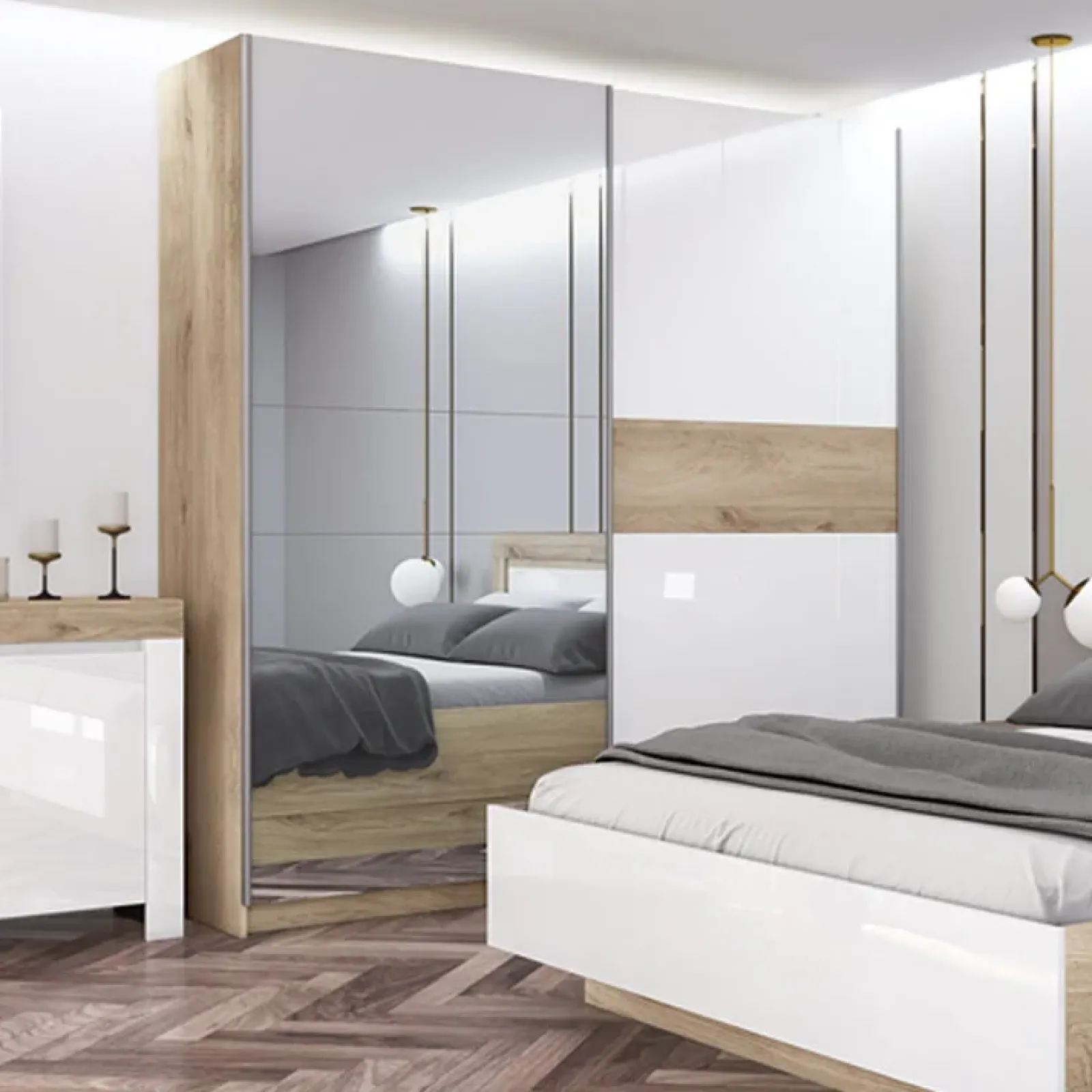 Garnero Arredamenti Camere Da Letto Complete|Camera Da Letto Completa-Camera da letto completa matrimoniale bianco lucido rovere sonoma Monaco