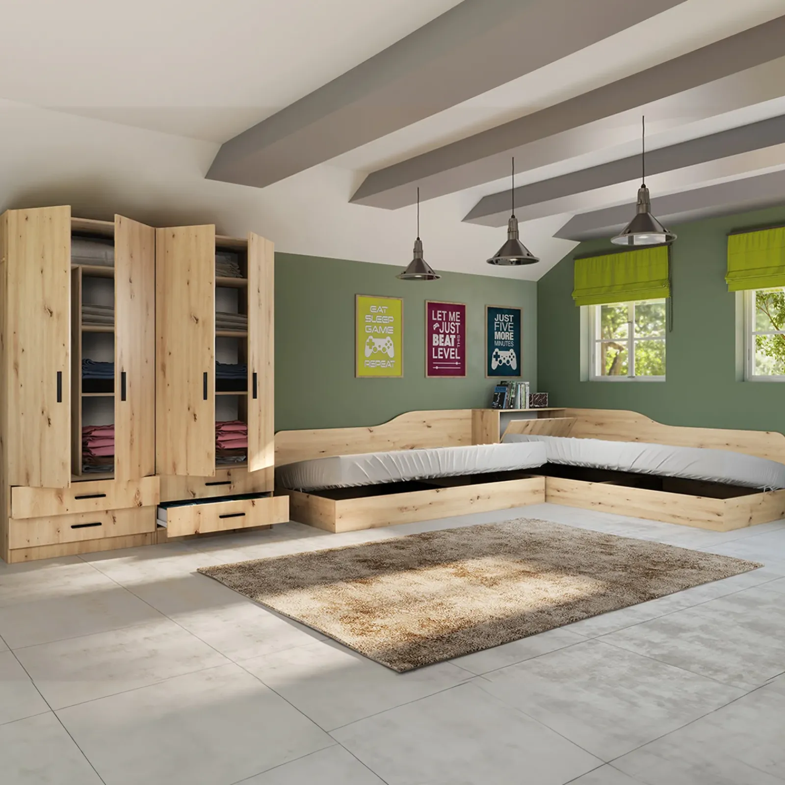 Garnero Arredamenti Camerette In Legno-Camera doppio letto completa design Caronte Rovere Rustico