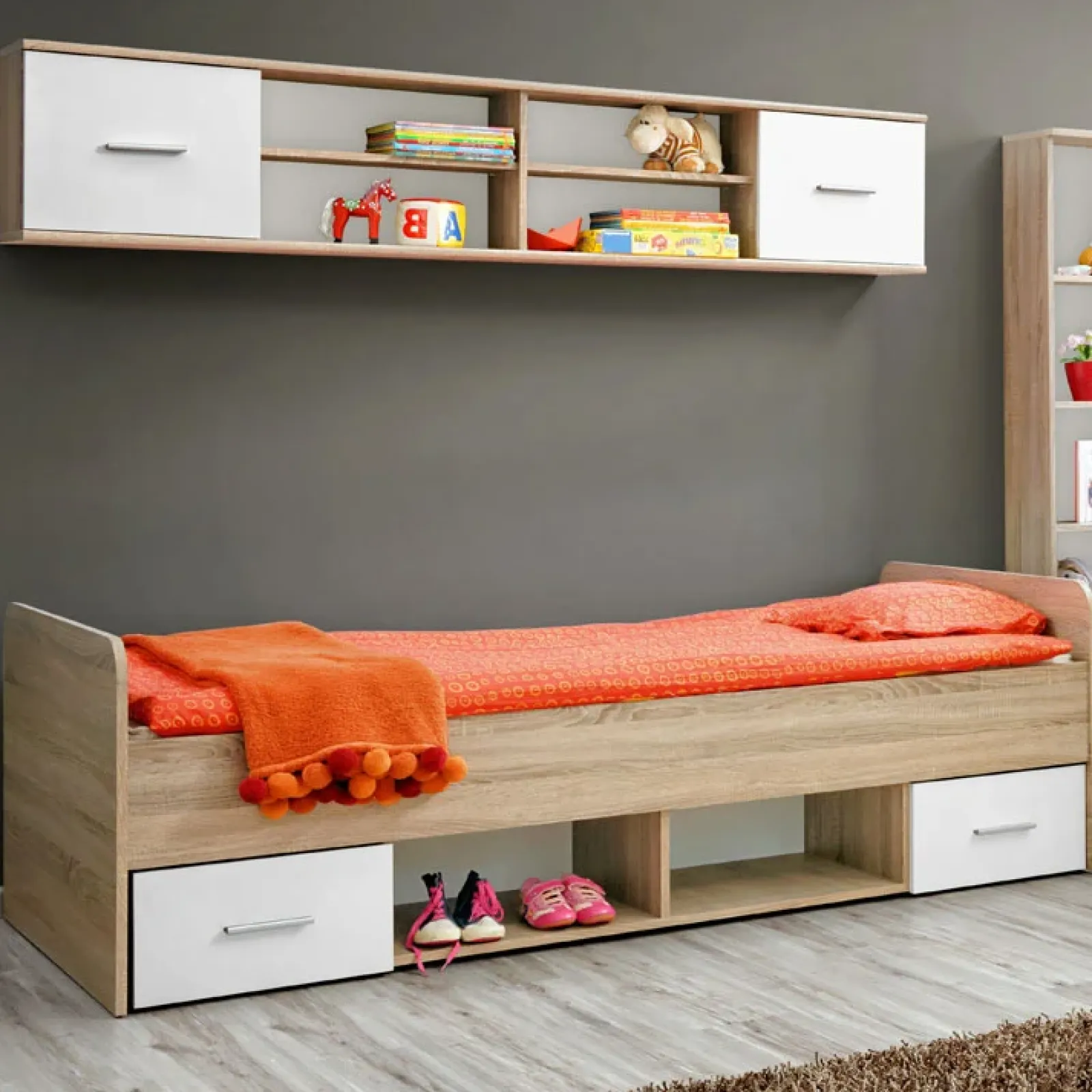 Garnero Arredamenti Camerette Colorate|Camerette In Legno-Cameretta bambini 1 letto singolo quercia sonoma bianco opaco Ciak 2