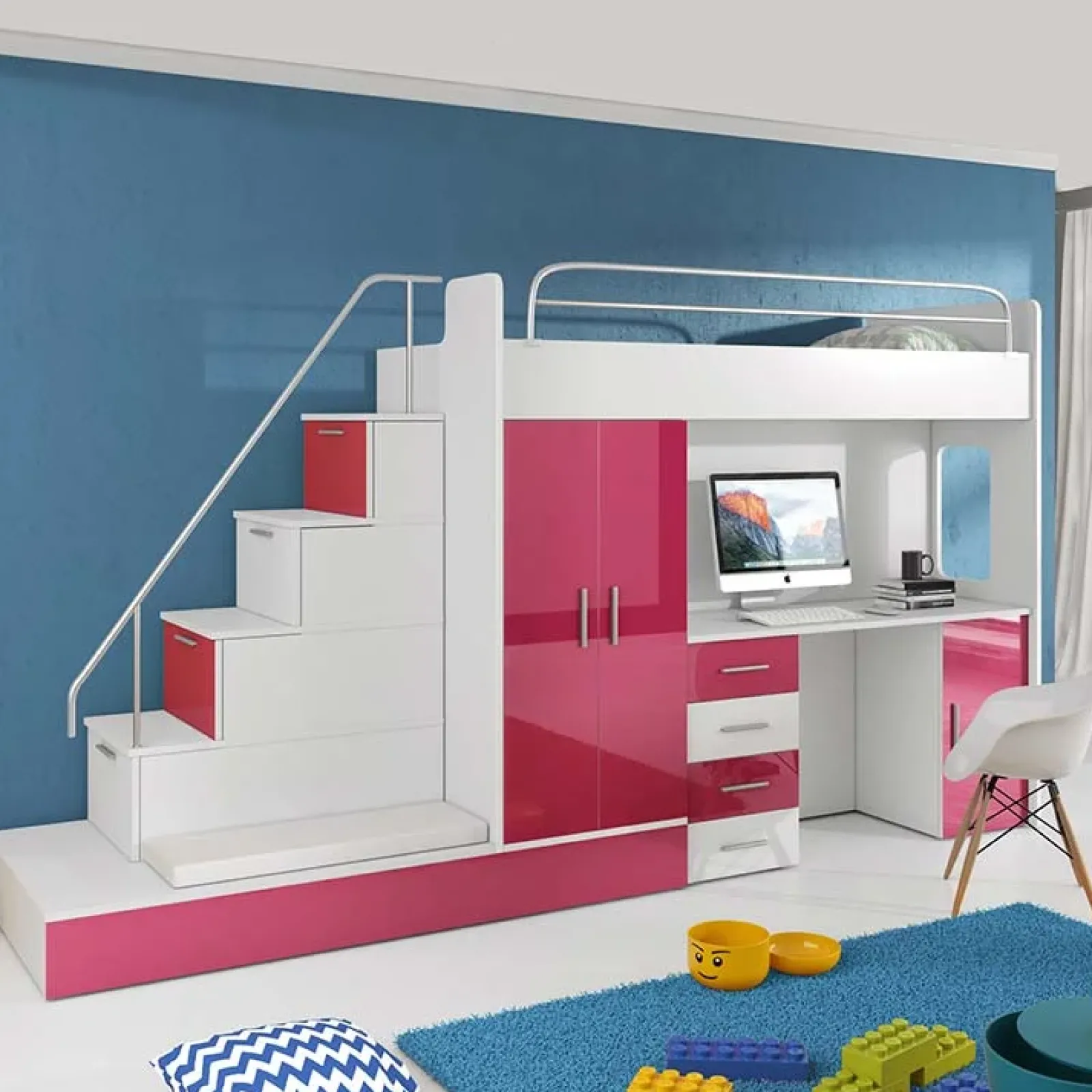 Garnero Arredamenti Camerette Colorate|Camerette A Ponte-Cameretta bambini completa 2 letti singoli bianco rosa Diego Gihome® Bianco Lucido - Rosa