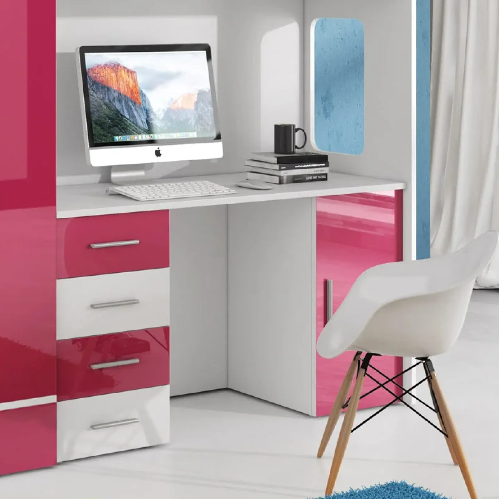 Garnero Arredamenti Camerette Colorate|Camerette A Ponte-Cameretta bambini completa 2 letti singoli bianco rosa Diego Gihome® Bianco Lucido - Rosa