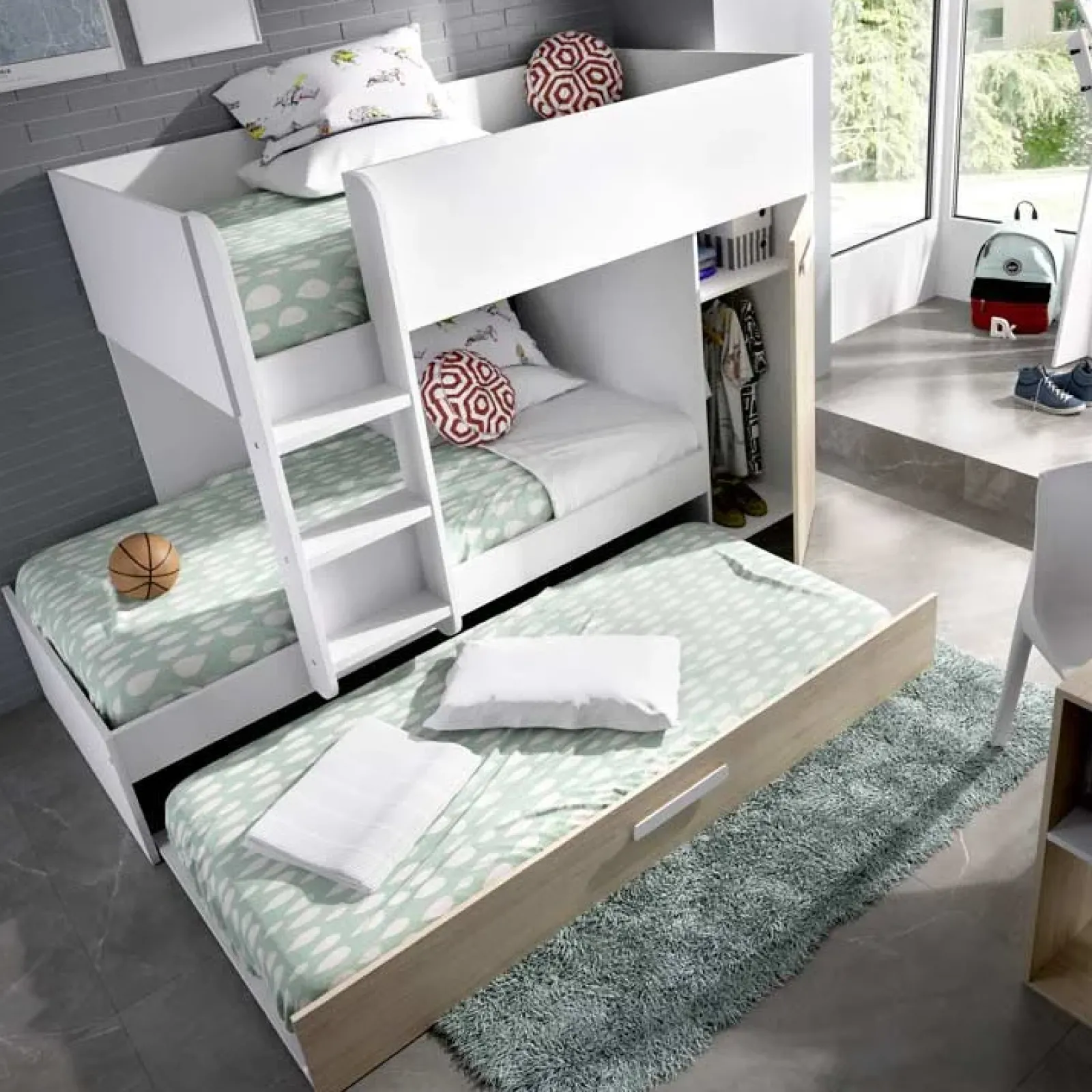 Garnero Arredamenti Camerette In Legno|Camerette A Ponte-Cameretta bambini 244x150cm 3 letti soppalco reversibile rovere bianco Damian Bianco Opaco - Rovere