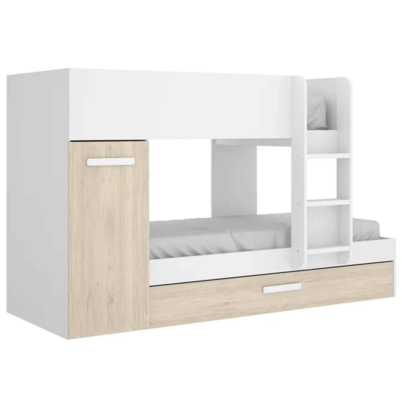 Garnero Arredamenti Camerette In Legno|Camerette A Ponte-Cameretta bambini 244x150cm 3 letti soppalco reversibile rovere bianco Damian Bianco Opaco - Rovere