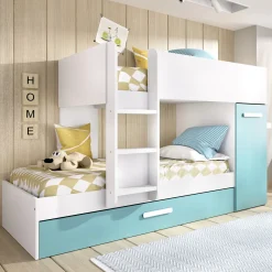Garnero Arredamenti Camerette A Ponte-Cameretta bambini 244x150cm 3 letti soppalco reversibile bianco turchese Damian Bianco Opaco - Azzurro