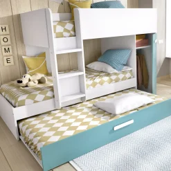 Garnero Arredamenti Camerette A Ponte-Cameretta bambini 244x150cm 3 letti soppalco reversibile bianco turchese Damian Bianco Opaco - Azzurro