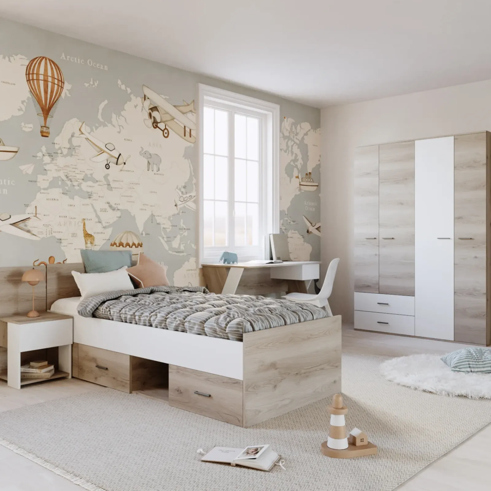 Garnero Arredamenti Camerette Colorate|Camerette In Legno-Cameretta completa bambini 1 letto singolo rovere bianco Francesco Gihome®