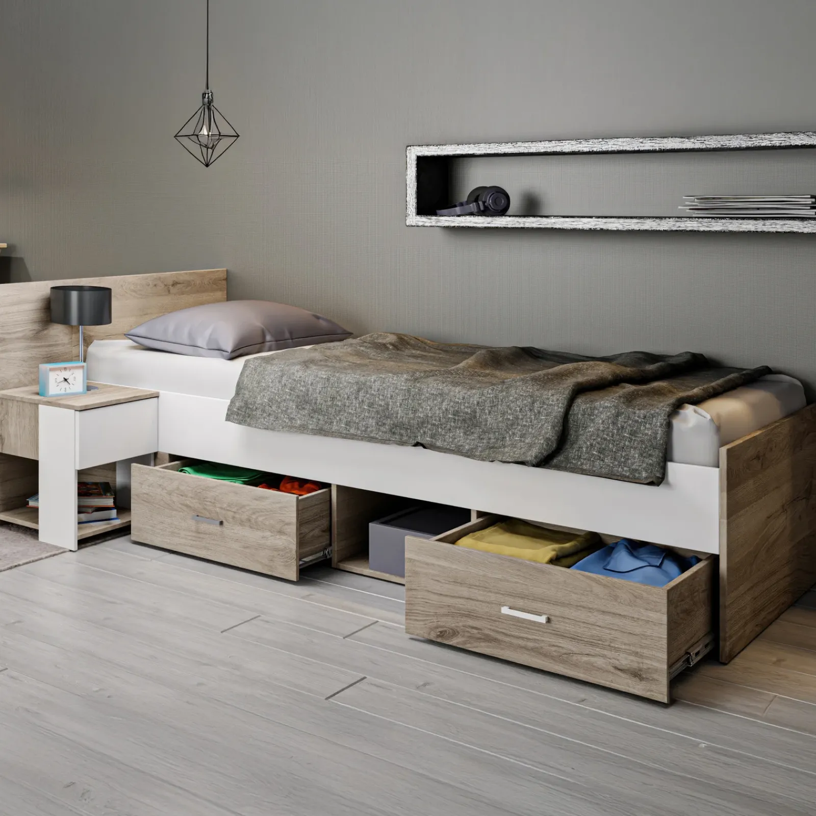 Garnero Arredamenti Camerette Colorate|Camerette In Legno-Cameretta completa bambini 1 letto singolo rovere bianco Francesco Gihome®