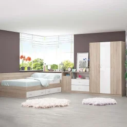 Garnero Arredamenti Camerette In Legno-Cameretta completa con letto una piazza e mezza, comò e armadio 3 ante rovere bianco Cesare Bianco Lucido - Rovere