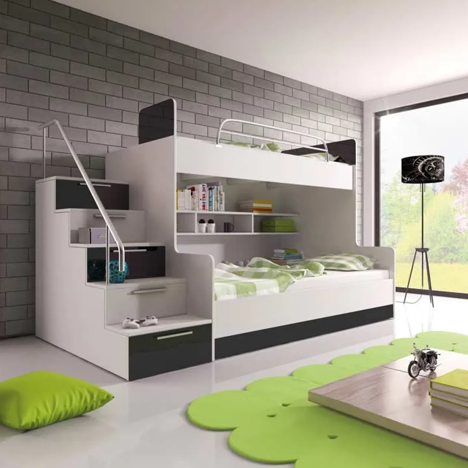 Garnero Arredamenti Camerette Colorate|Camerette A Ponte-Cameretta con soppalco 2 letti singoli bianca nera Enrico Gihome® Bianco Lucido - Nero Lucido