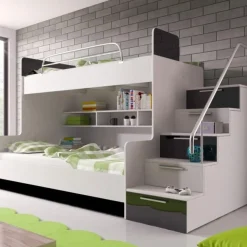 Garnero Arredamenti Camerette Colorate|Camerette A Ponte-Cameretta con soppalco 2 letti singoli bianca nera Enrico Gihome® Bianco Lucido - Nero Lucido