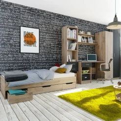 Garnero Arredamenti Camerette Colorate|Camerette In Legno-Cameretta per bambini completa 1 letto con cassettoni rovere grigio Kabala