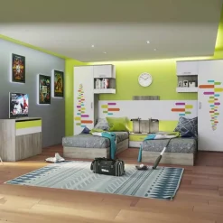 Garnero Arredamenti Camerette Colorate|Camerette A Ponte-Cameretta per bambini completa 2 letti rovere bianco verde Serena Gihome®