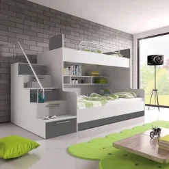 Garnero Arredamenti Camerette Colorate-Cameretta 254x120cm 2 letti a soppalco bianco grigio lucido Enrico Gihome® Bianco Lucido - Grigio