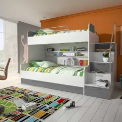 Garnero Arredamenti Camerette Colorate-Cameretta 254x120cm 2 letti a soppalco bianco grigio lucido Enrico Gihome® Bianco Lucido - Grigio