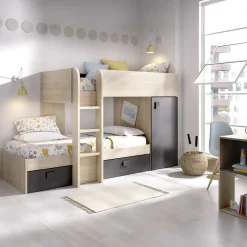 Garnero Arredamenti Camerette In Legno|Camerette A Ponte-Cameretta 255x109cm 2 letti a soppalco reversibile rovere grafite Sole Rovere - Grafite