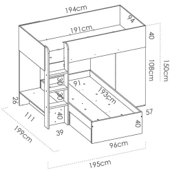 Garnero Arredamenti Camerette In Legno|Camerette A Ponte-Cameretta 255x109cm 2 letti a soppalco reversibile rovere grafite Sole Rovere - Grafite