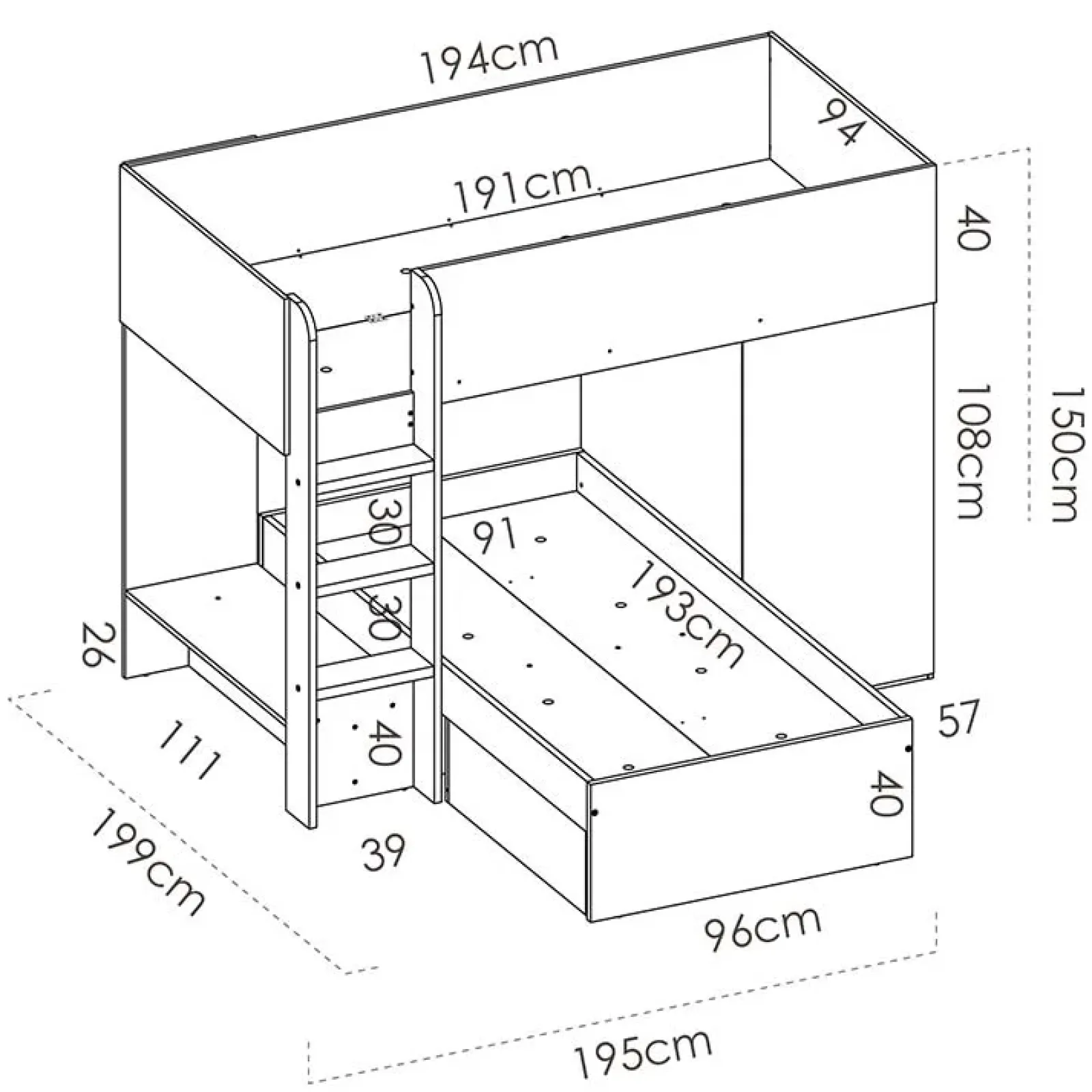 Garnero Arredamenti Camerette In Legno|Camerette A Ponte-Cameretta 255x109cm 2 letti a soppalco reversibile rovere grafite Sole Rovere - Grafite
