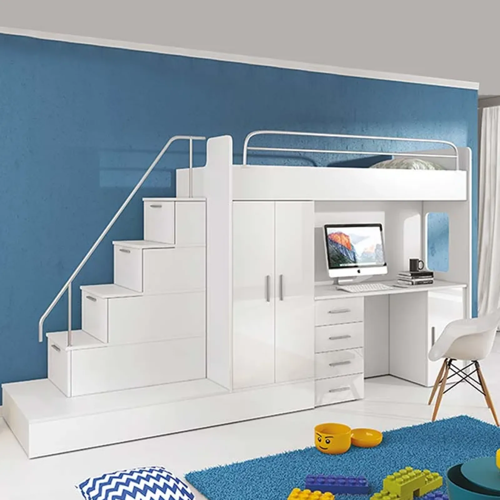 Garnero Arredamenti Camerette A Ponte-Cameretta 324x86cm 2 letti singoli completa bianco Diego Gihome® Bianco Lucido