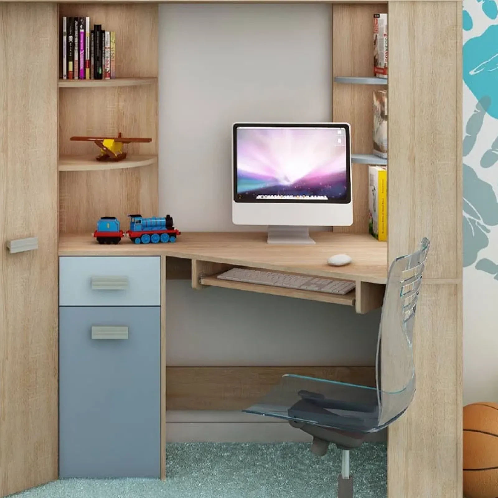 Garnero Arredamenti Camerette Colorate|Camerette In Legno-Cameretta 204x120cm 1 letto singolo completa sinistra rovere blu Dollie Gihome® Rovere - Azzurro