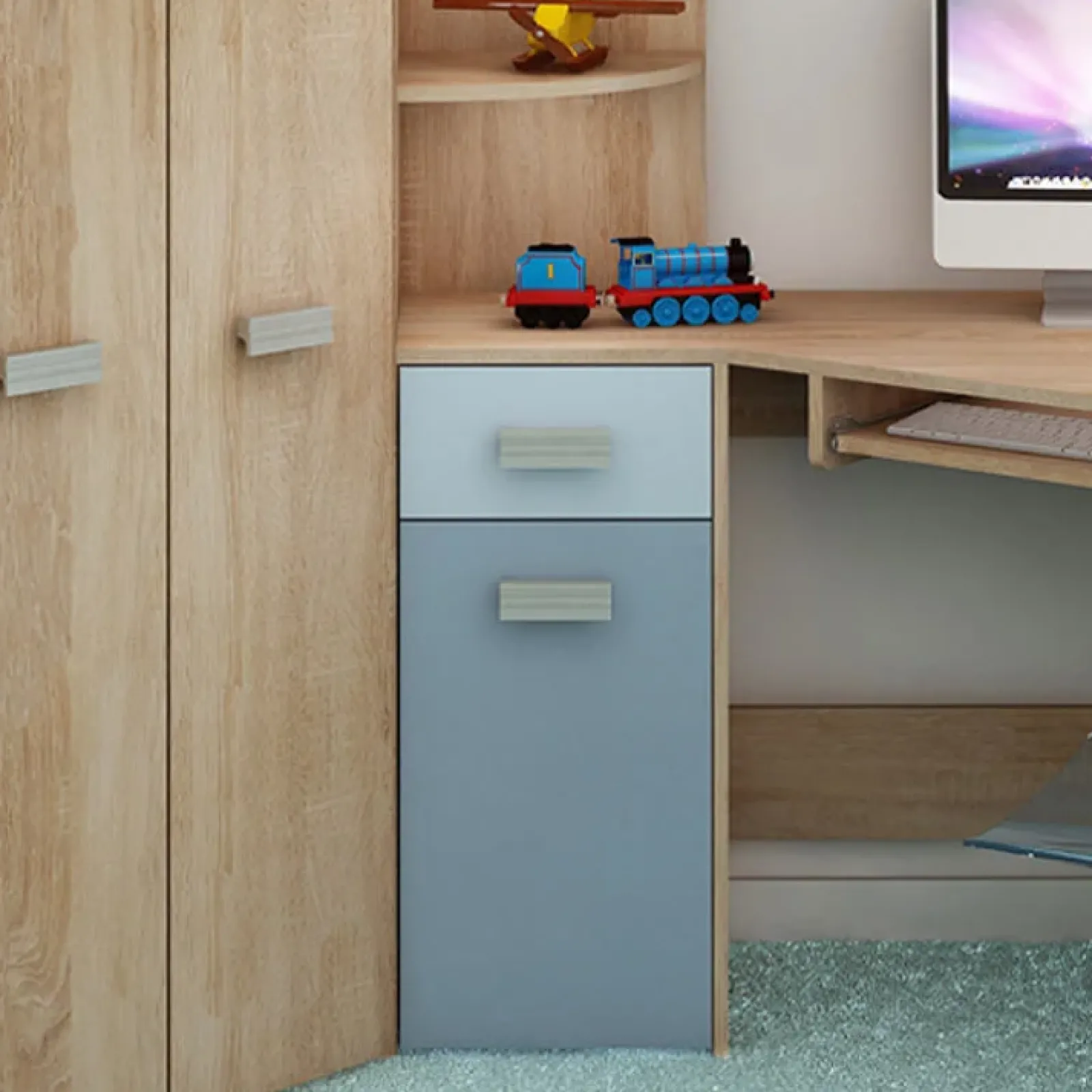 Garnero Arredamenti Camerette Colorate|Camerette In Legno-Cameretta 204x120cm 1 letto singolo completa sinistra rovere blu Dollie Gihome® Rovere - Azzurro