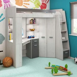 Garnero Arredamenti Camerette Colorate|Camerette In Legno-Cameretta 204x120cm 1 letto singolo completa destra bambini bianco pino grafite Dollie Gihome® Grafite - Bianco Frassinato